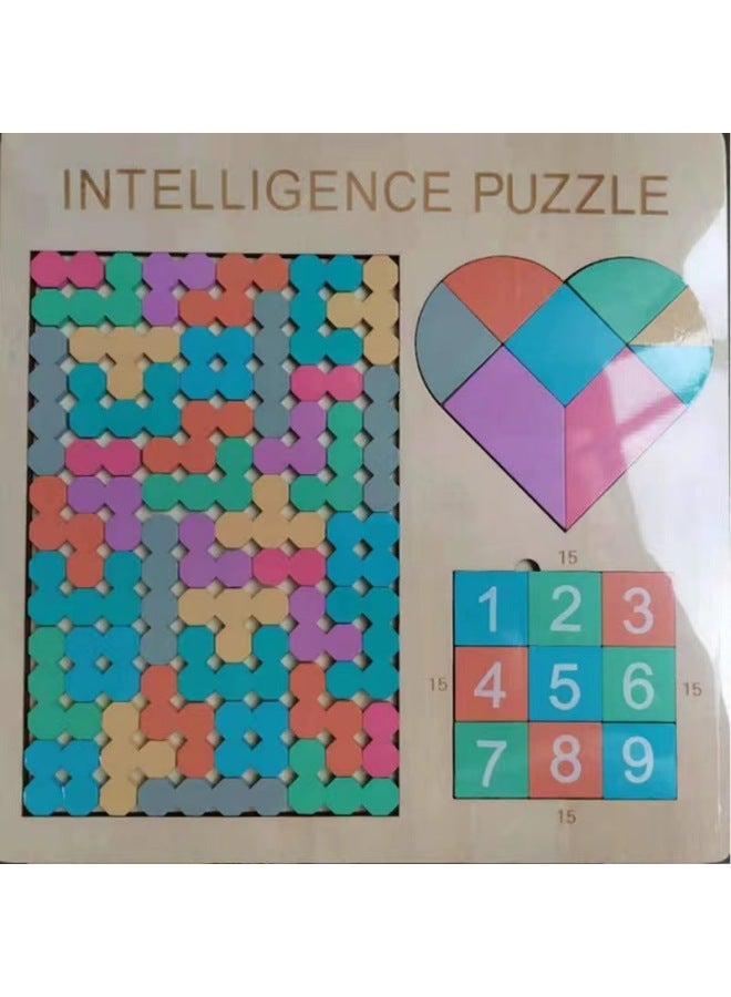 Tetris Jigsaw Jigsaw Wood Children's Early Childhood Education And Intelligence Boys' And Girls' Toys Jigsaw Puzzle-Color:Tetris + Heart Shape + Nine-square Grid - Image 1